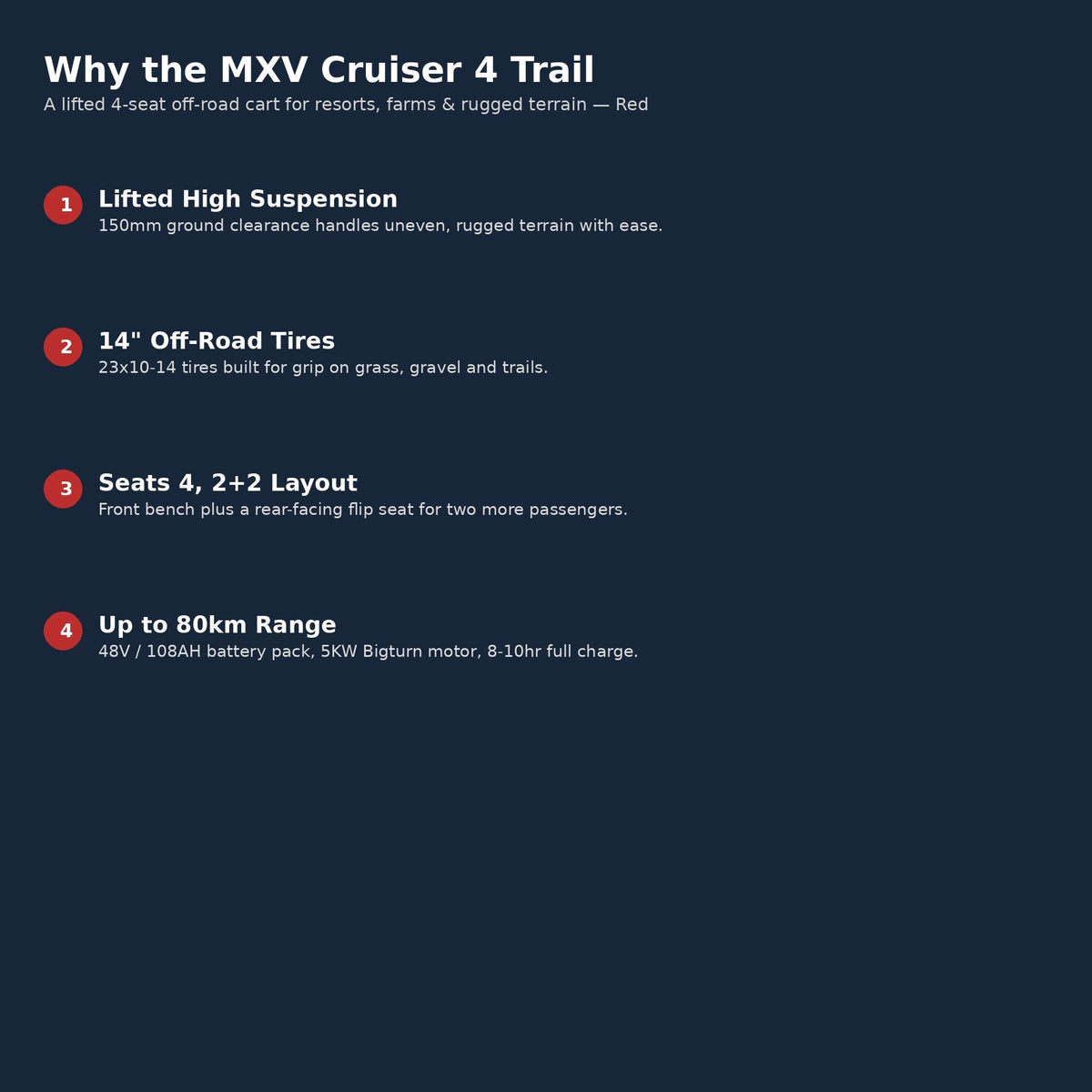 MXV CRUISER 4 Trail – 4-Seater Lifted Electric Golf Cart UAE – view 12