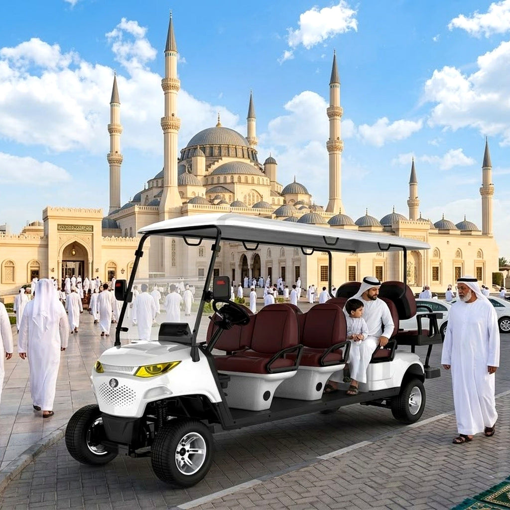 MXV Sovereign 8 electric passenger cart at a mosque