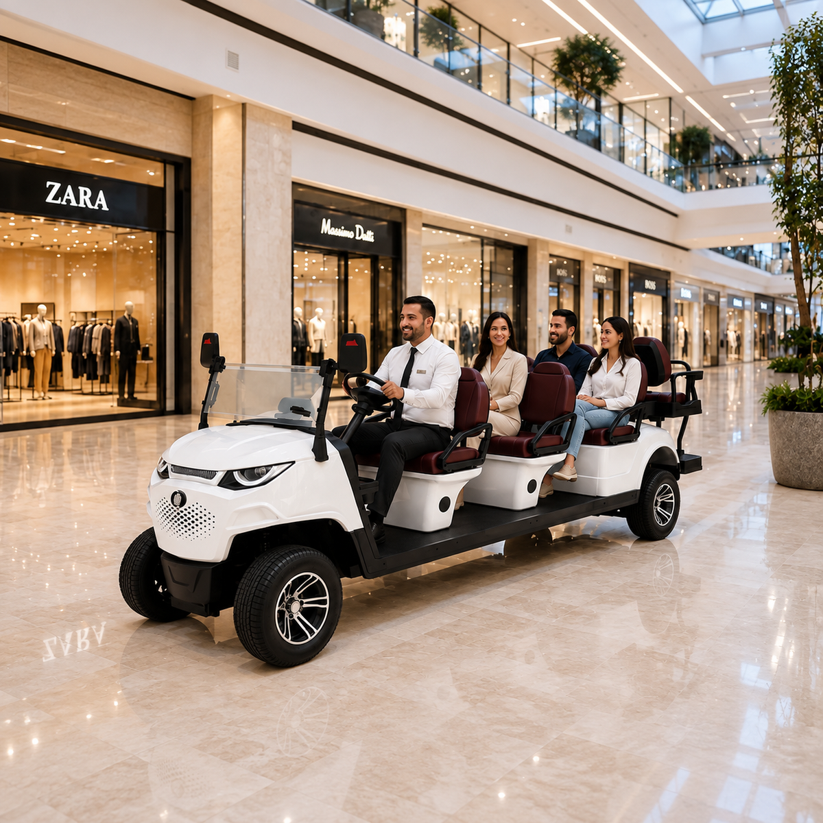 White MXV Sovereign 8 Taxi Edition in a shopping mall