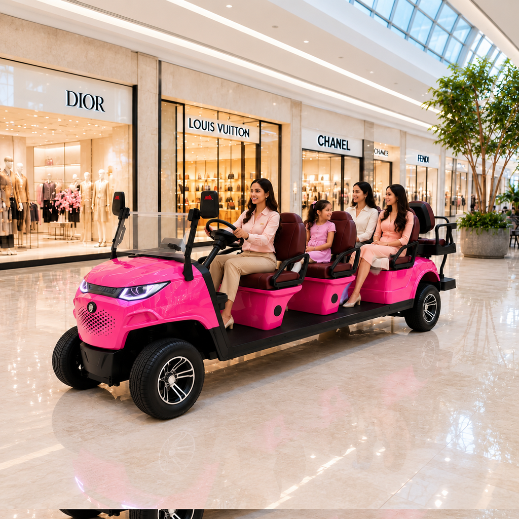 Rose Red MXV Sovereign 8 Taxi Edition in a shopping mall