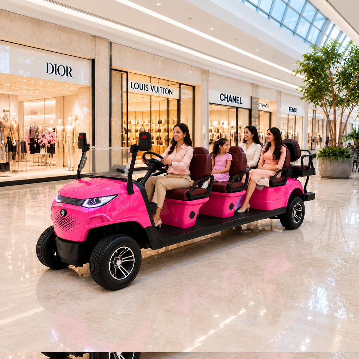 Rose Red MXV Sovereign 8 Taxi Edition in a shopping mall